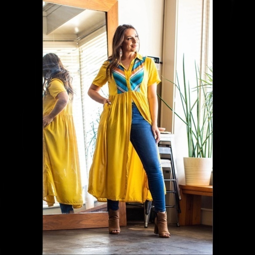 LUCKY & Blessed L&B Mustard Yellow Long Open Shirt Dress Cardigan Duster S - Picture 1 of 11